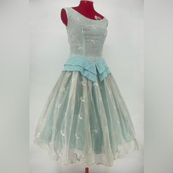 Vintage Dresses & Skirts - Light Blue 1950s-1960s Fit & Flare Party Dress W/ Bow Back & Embroidered Chiffon